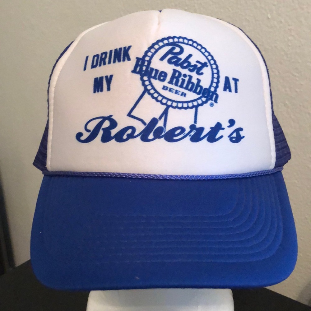 VINTAGE PABST BLUE RIBBON BEER I DRINK AT ROBERTS ADVERTISING SNAPBACK HAT RARE